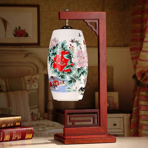 Vintage Lantern Shaped Famille Rose Porcelain Lamp With Wooden Frame