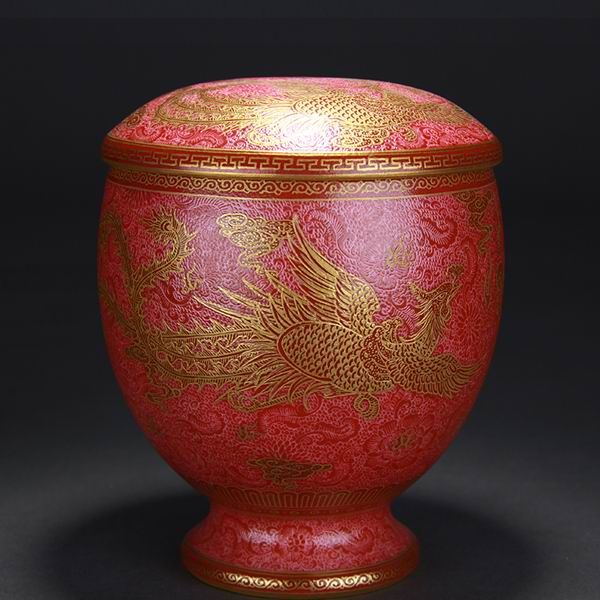 High Quality Handmade Carmine Red Glaze Dragon and Phoenix Bringing Prosperity Porcelain Tea Canister