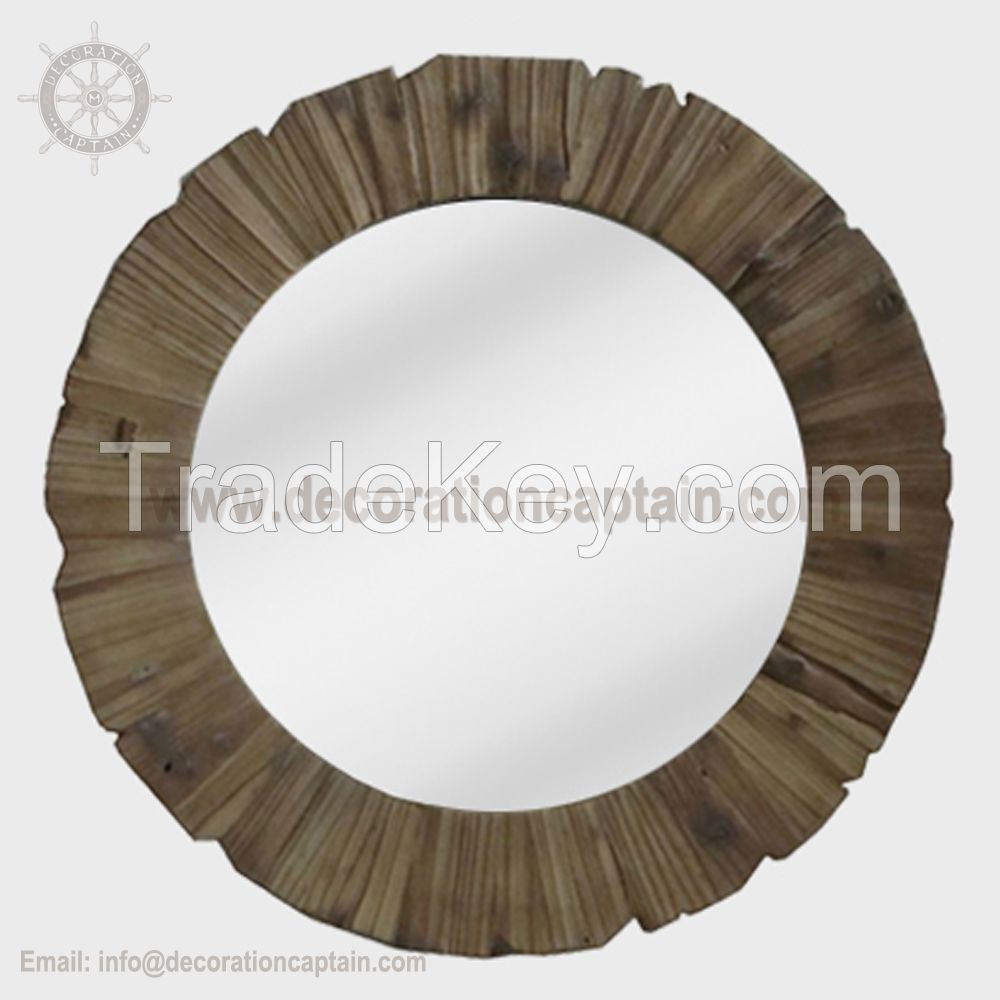 Round Mirror With Wood Frame Wall Mirror Beveled Round Abstract Modern Aged Wooden Mirrors