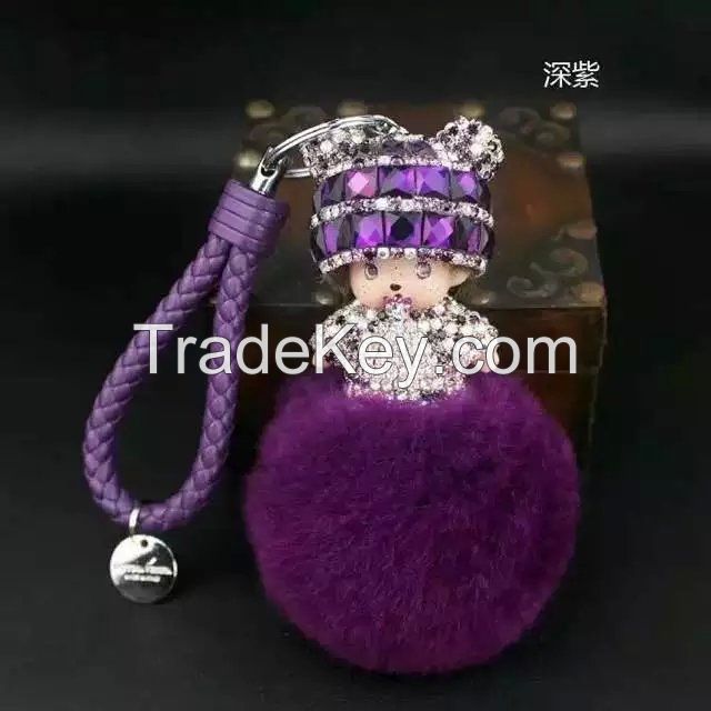 2016 new Monchichi keychain 8cm real rabbit fur pom pom Crystal Monchi