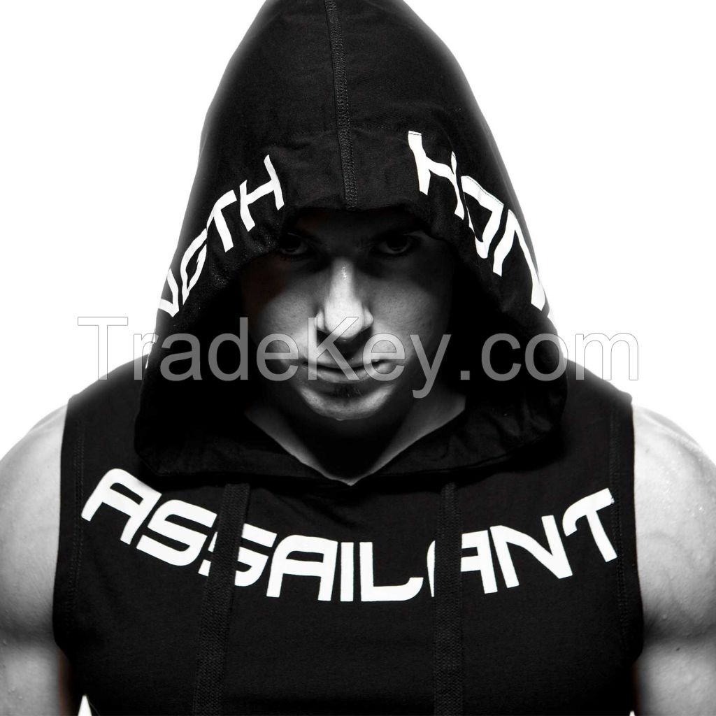 Black Slim Fit Sleeveless Hoodie Gym Wearing