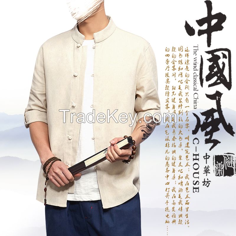 China wind, national cotton linen retro casual shirt slim