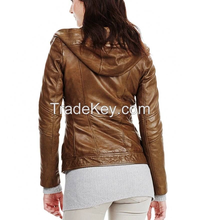 Slim Fit Genuine Leather Jacket With Hoodie For Women -