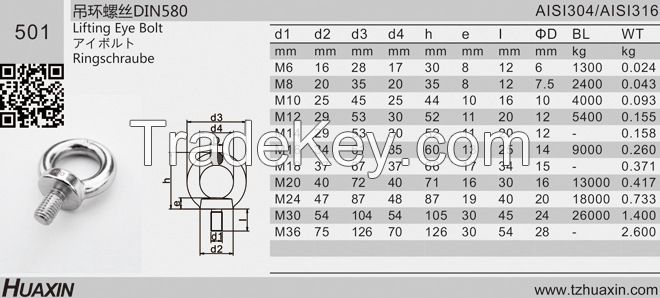 High Quality DIN580 Stainless Steel 304/316 Eye Bolt