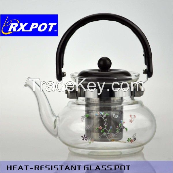 Pyrex mouth blown glass tea pot with stainless steel