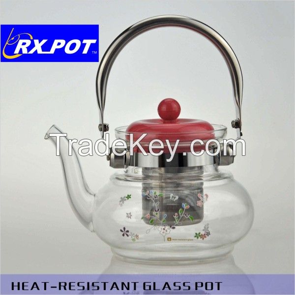 Pyrex mouth blown glass tea pot with stainless steel