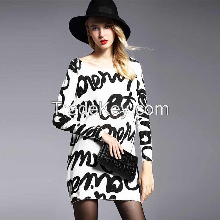 2016 hot sale plus-size wide neck loose print batwing sleeve sweater w