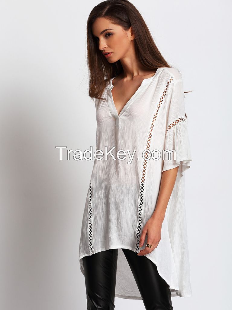 clothing manufacturers overseas low neckline flowy long woman fashion cutting blouse design