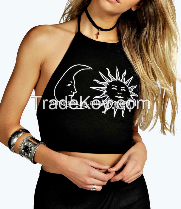 Sun & Moon Print Halter Tie Crop Top Women