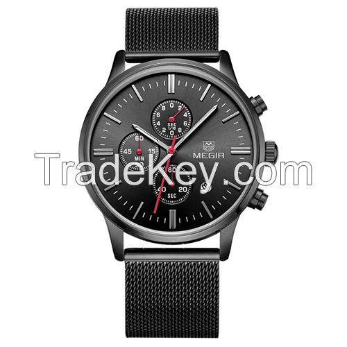 MEGIR Swiss Quartz movement strap watch 2011 black waterproof steel wrist watch