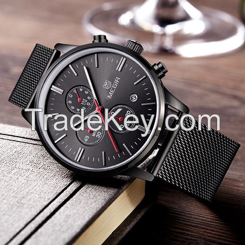 MEGIR Swiss Quartz movement strap watch 2011 black waterproof steel wrist watch