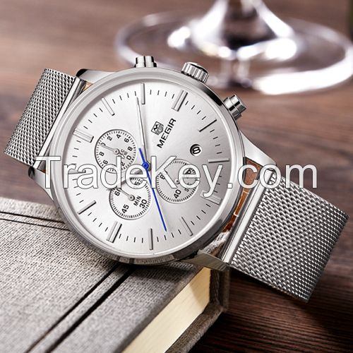 MEGIR Swiss Quartz movement strap watch 2011 silver waterproof steel wrist watch