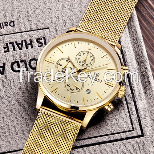 MEGIR Swiss Quartz movement strap watch 2011Gold waterproof steel wrist watch