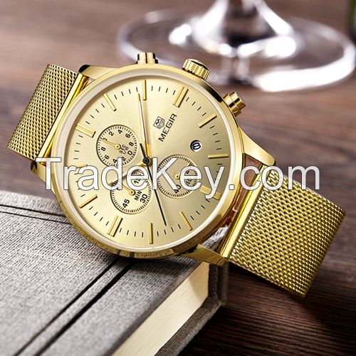 MEGIR Swiss Quartz movement strap watch 2011Gold waterproof steel wrist watch