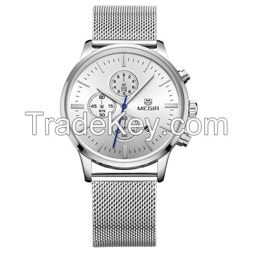 MEGIR Swiss Quartz movement strap watch 2011 silver waterproof steel wrist watch