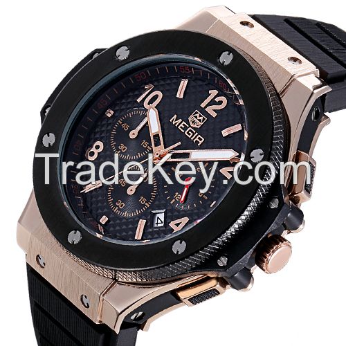 MEGIR Swiss Quartz movement strap watch 3002 black waterproof steel wrist watch