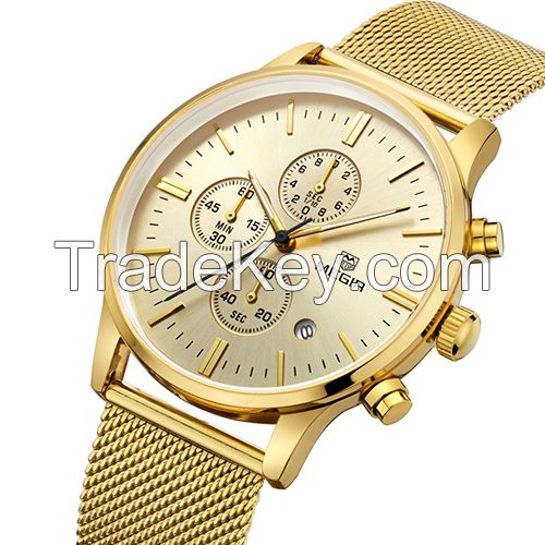 MEGIR Swiss Quartz movement strap watch 2011Gold waterproof steel wrist watch