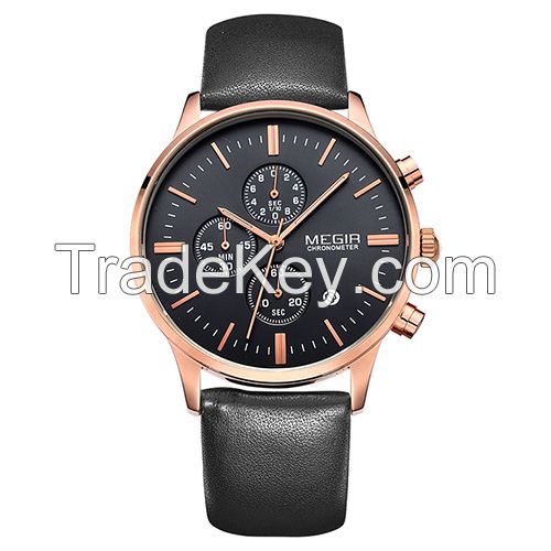 MEGIR Swiss Quartz movement strap watch black waterproof steel wrist watch SL2011GBN-1N0