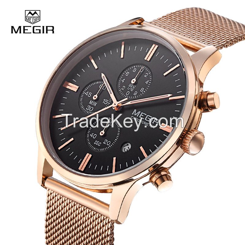 MEGIR Swiss Quartz movement strap watch 2011 rose gold waterproof steel wrist watch