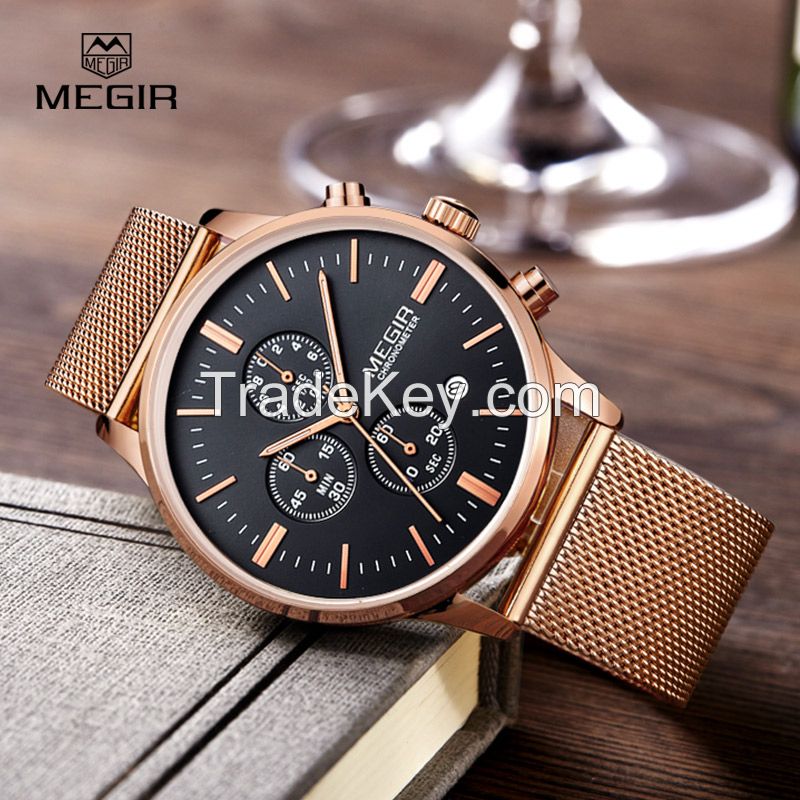 MEGIR Swiss Quartz movement strap watch 2011 rose gold waterproof steel wrist watch