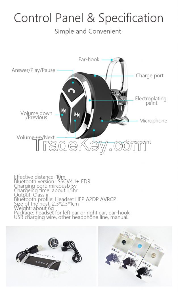 Rainbow Bluetooth 4.1 Ultralight Wireless Headset, Noise Canceling and Hands Free with Mic, Earhook Earbuds Headphone Earphone CP-Q5