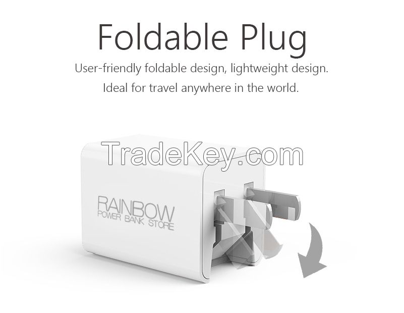 USB Wall Charger, Rainbow 2.4A Dual USB Charger with Foldable Plug for iPhone 8 X 7 / 7s / 6s / 6 / 6 Plus, iPad Air 2, Galaxy S6, Note 5 and More