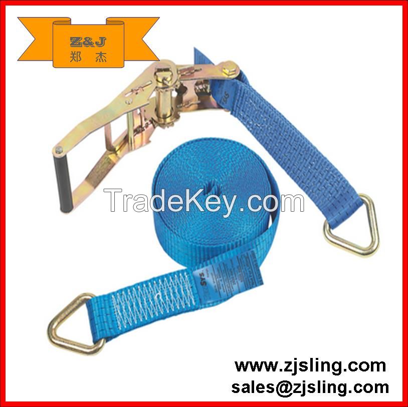 8m x 50mm. Heavy duty polyester webbing. Long-handled ratchet for high pre-tension. Delta end fittings. 