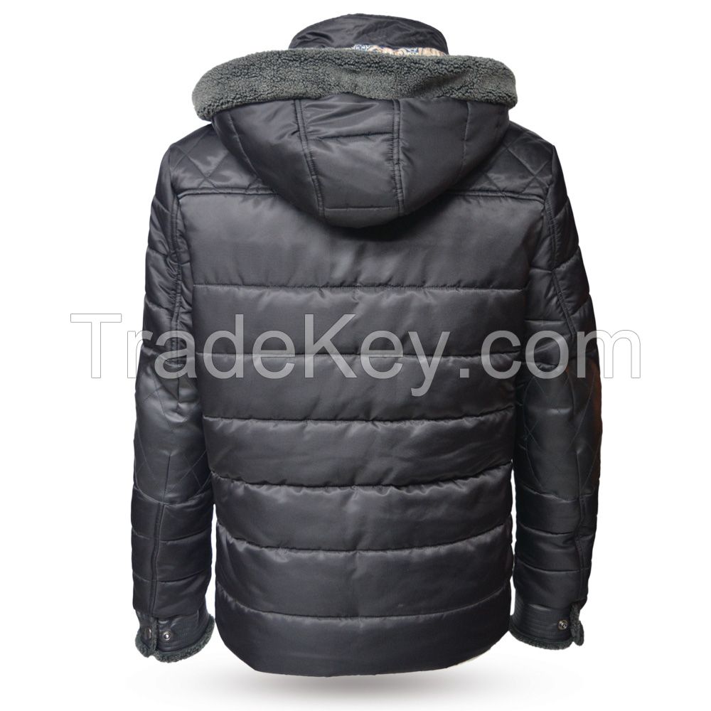 L-05 Mens Black Embroidered Nylon Bomber Padded Jacket With Fleece Hood 