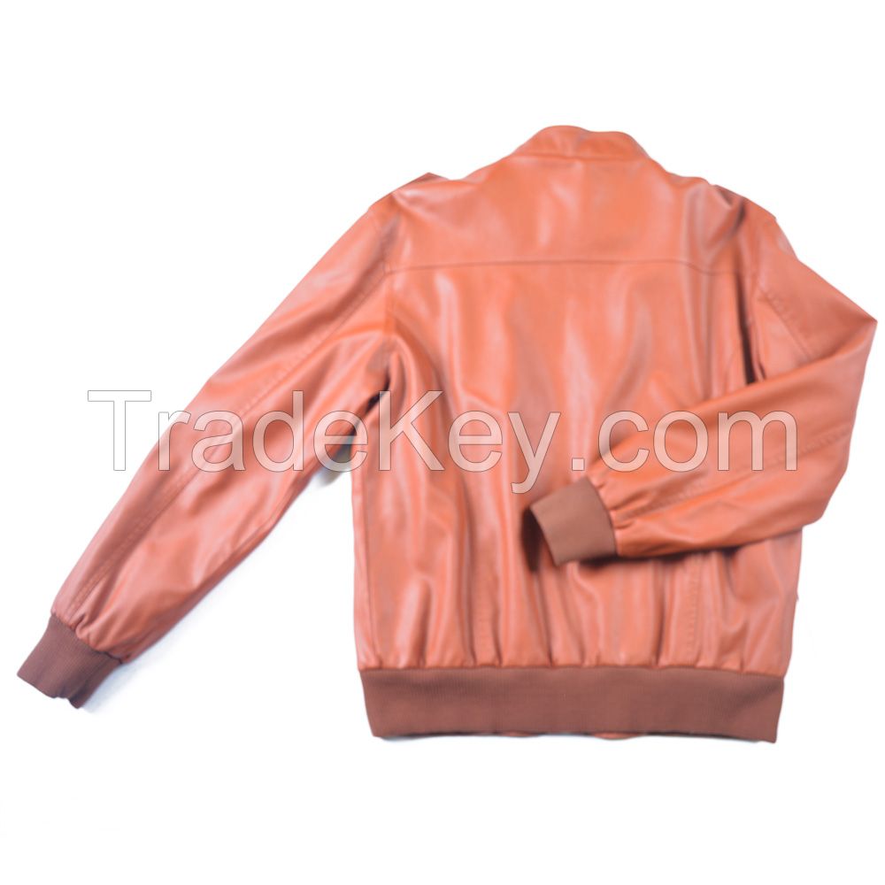 14#22 Wholesale Orange Fleece Lined Bomber Leather Jacket With Lots Of Pocket