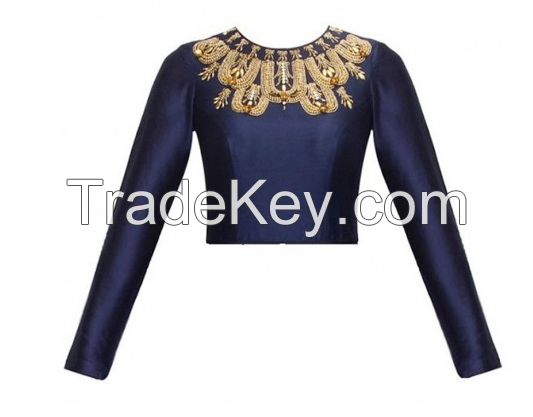 Navy Blue Raw Silk Designer Blouse