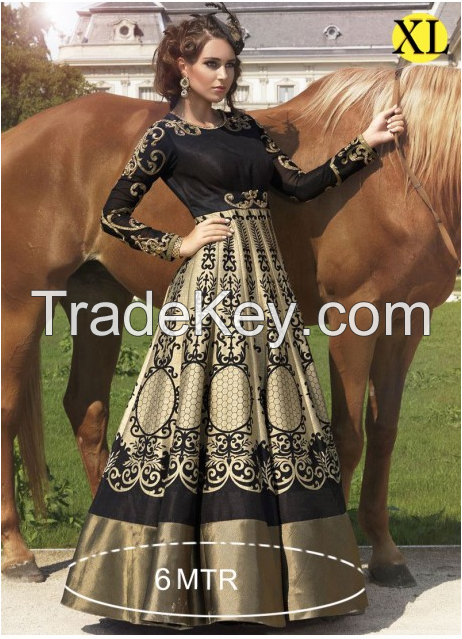 Cream and Black Bhagalpuri Digital Print Designer Gown