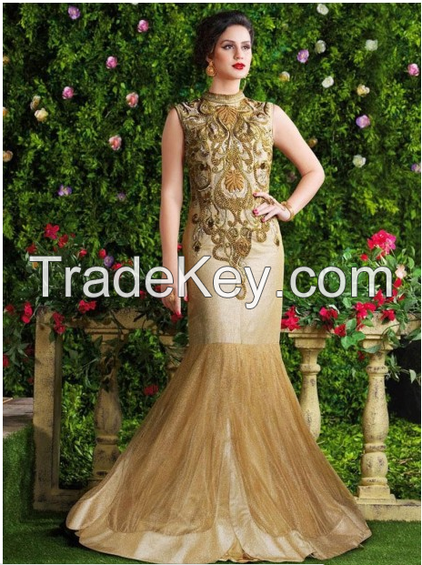 Beige and Gold Net Resham Work Designer Gown |R-22