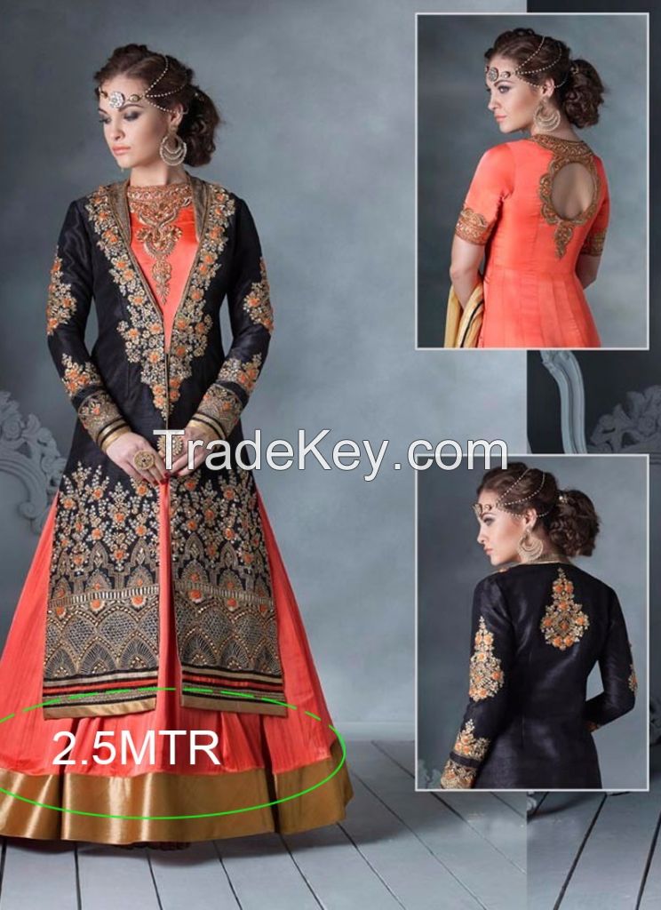 ORANGE &amp;amp; BLACK NET EMBROIDERY ANARKALI SALWAR SUIT|R-79