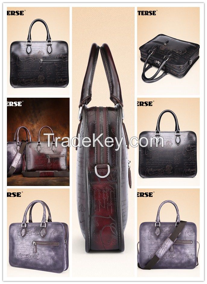 Briefcase Genuine Leather Calligraphy Mens Business Bag Laptop Bag Oem