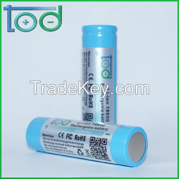 Factory directly sell TOD18650 3.7V2200mAh Rechargeable Li-ion Battery