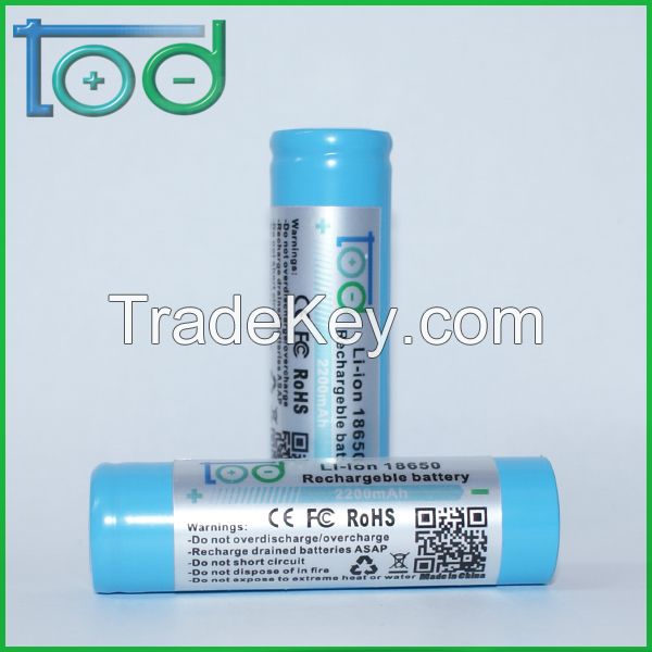 Factory directly sell TOD18650 3.7V2200mAh Rechargeable Li-ion Battery