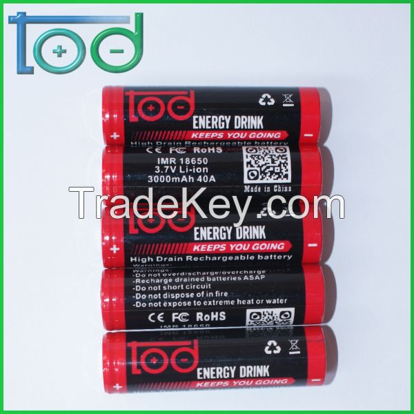 TOD IMR 18650 3.7V 3000mAh 40A High Drain Rechargeable Battery