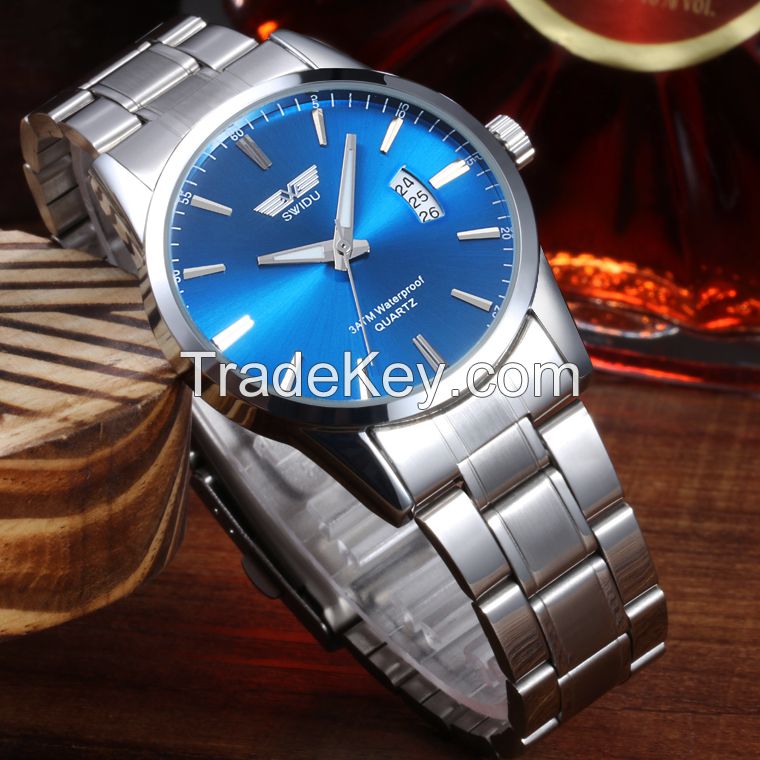 2016 hot selling personalized logo blue colored glass SWIDU brand cool quartz movement wrist watch SWI-055 for men