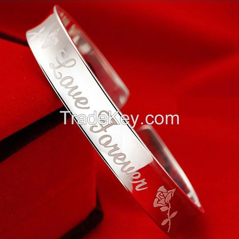 Engraved Silver Plated Copper Bracelet Bangle Women Engagement Jewelry