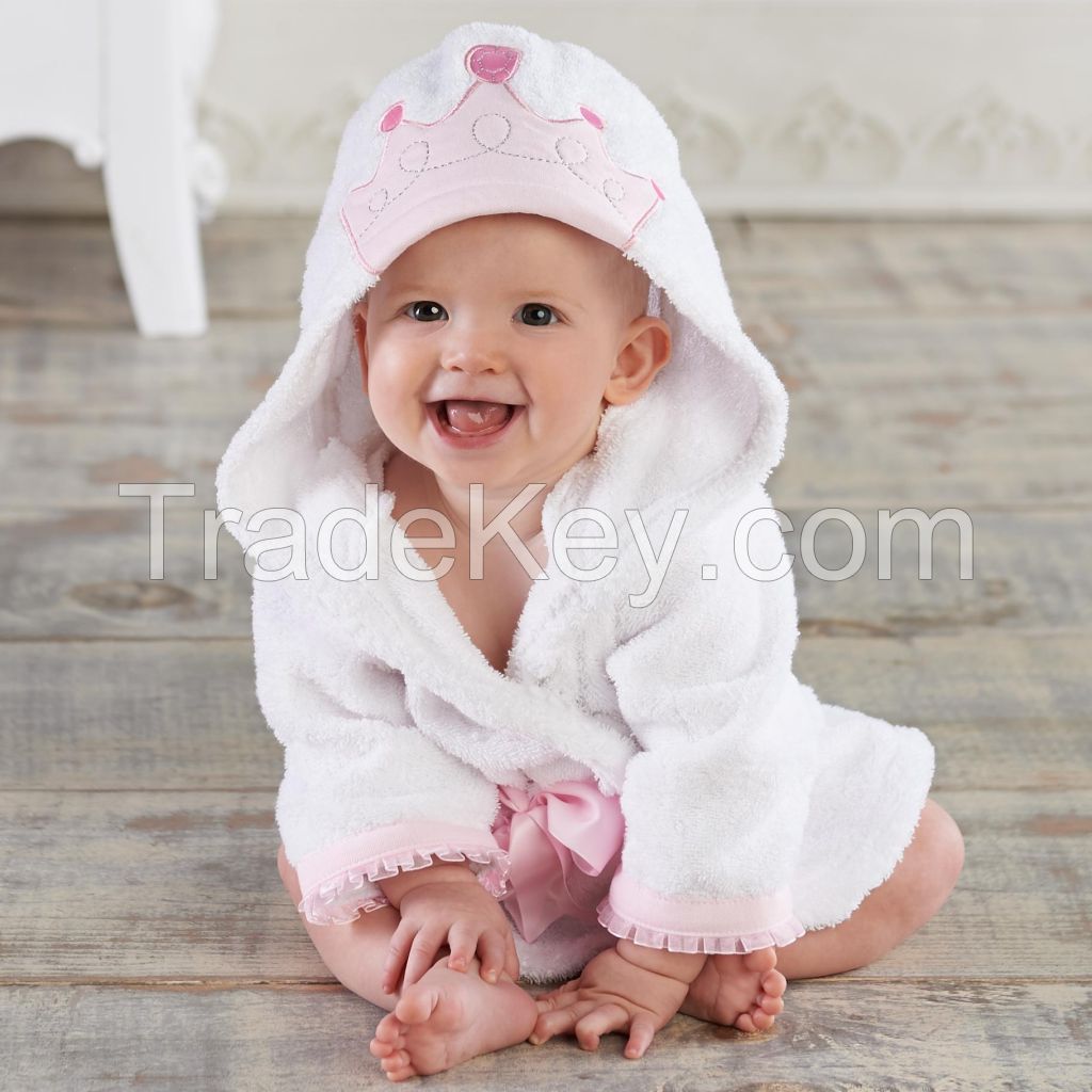 White prince crown cotton terry hooded baby bath robe 