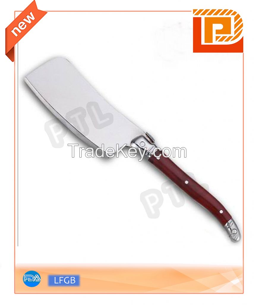 stainless steel cheese knife with deluxe wooden handle and broad blade