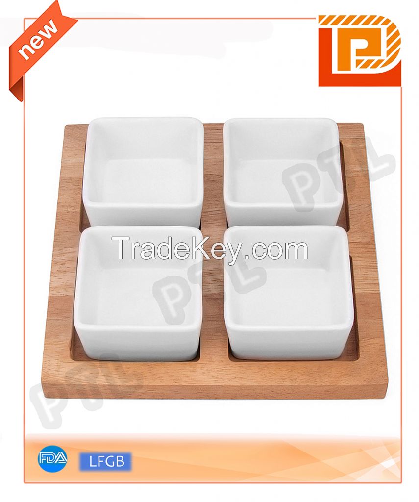 food holder with 4-piece square ceramic bowls plus wooden stand