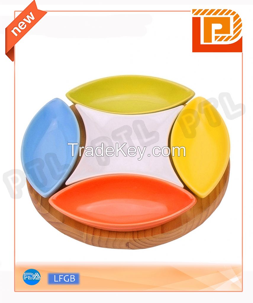 colorful food holder with 5-piece ceramic bowls plus wooden stand