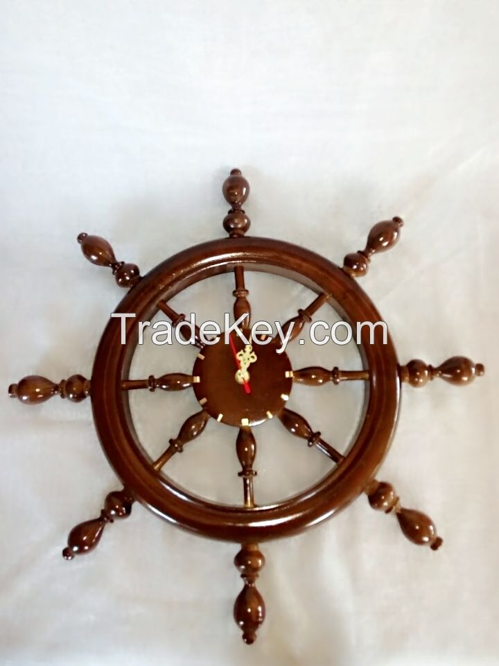 Wooden clock model of steering yacht