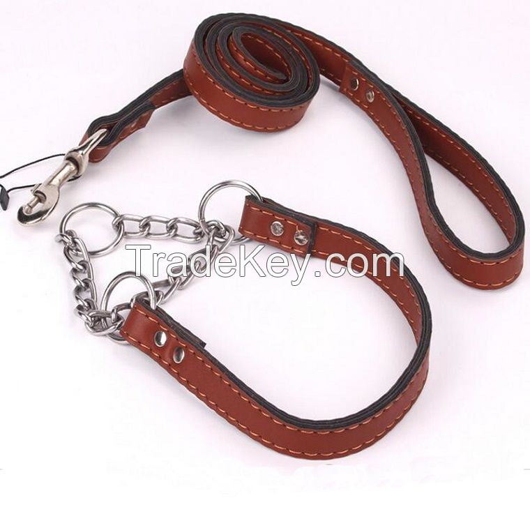 High quality PU Leash Rope with P shape Chain Collar Set for Big Dog and Middle Dog