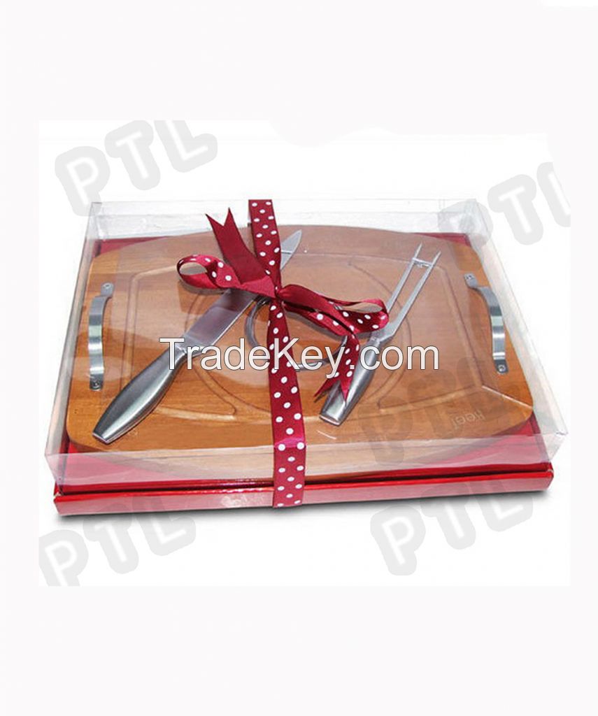 S/S cheese knife&amp;fork with long wooden chopping board with handle 