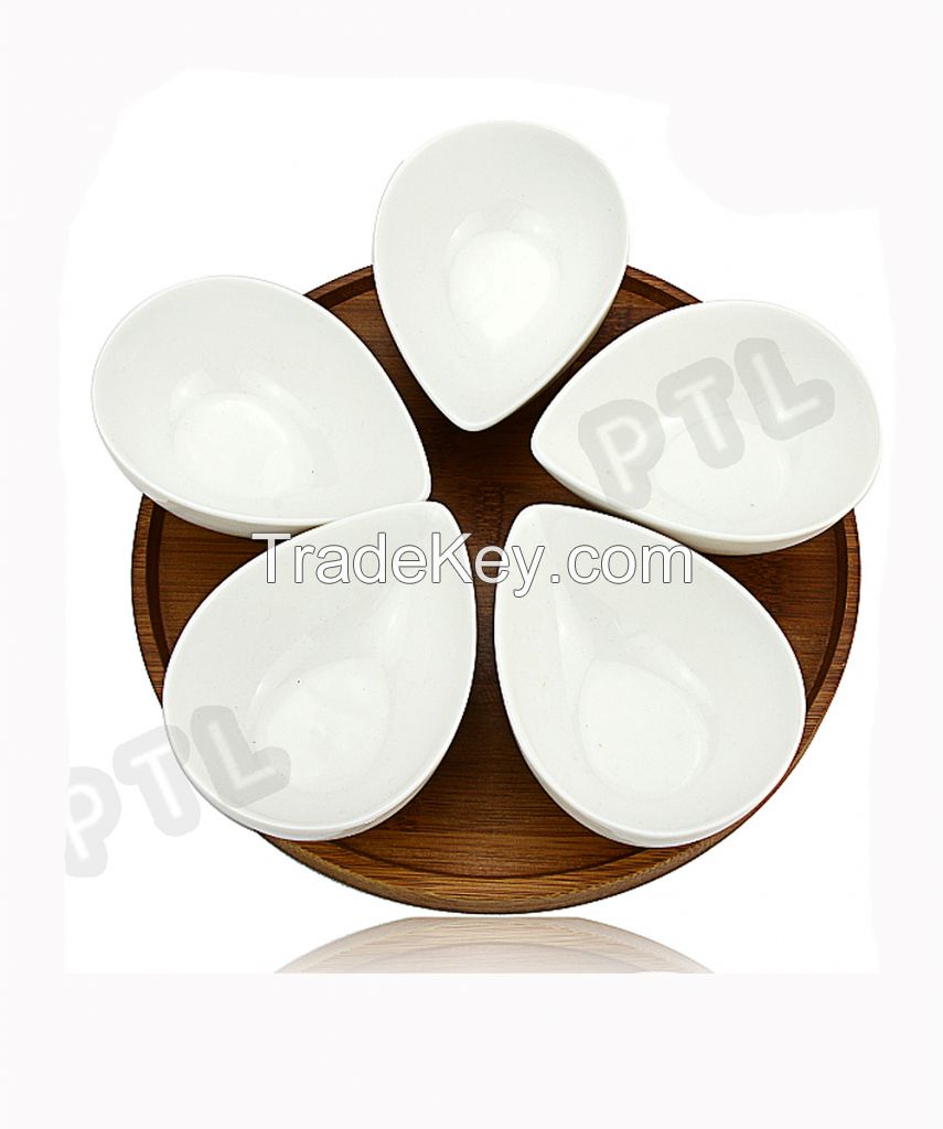 food holder with 5-piece oval ceramic bowls plus bamboo stand 