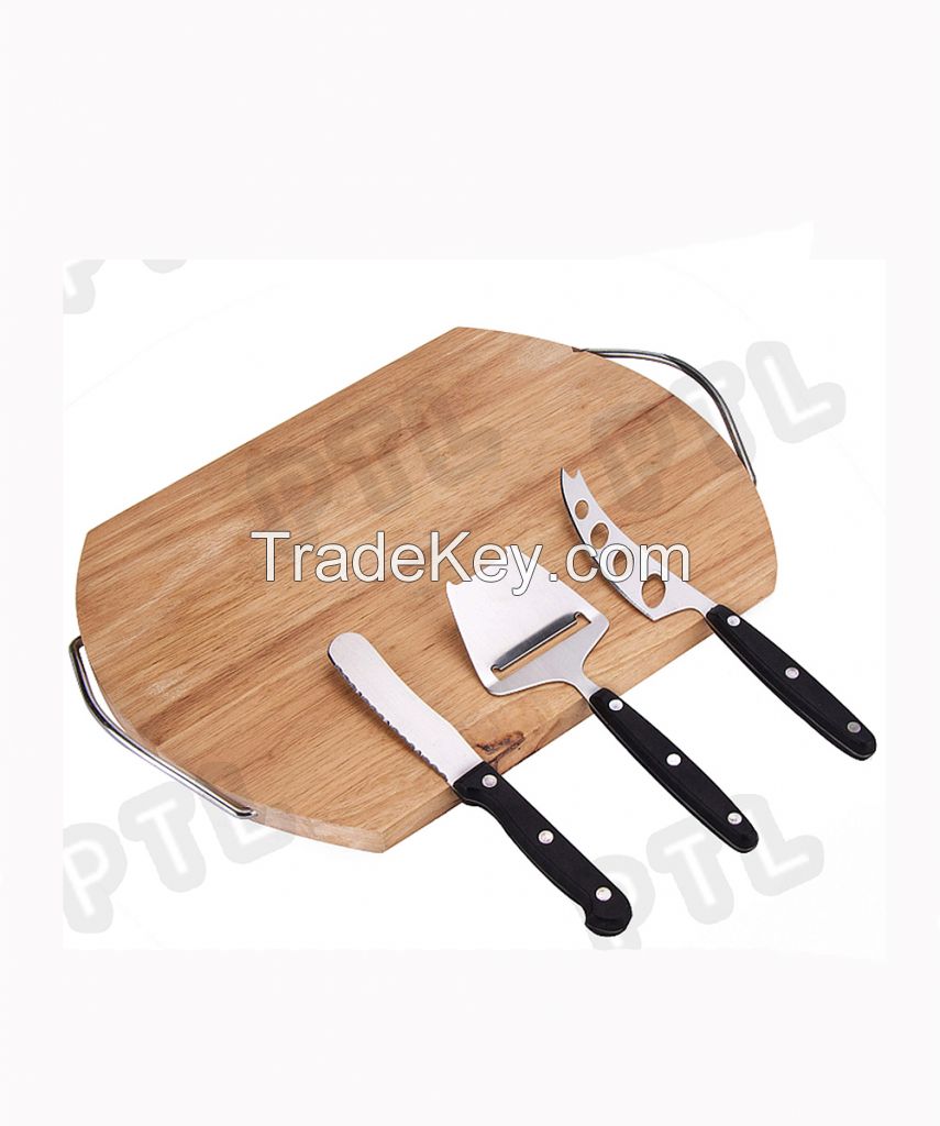 PP-handled cheese set with large wooden cutting board 