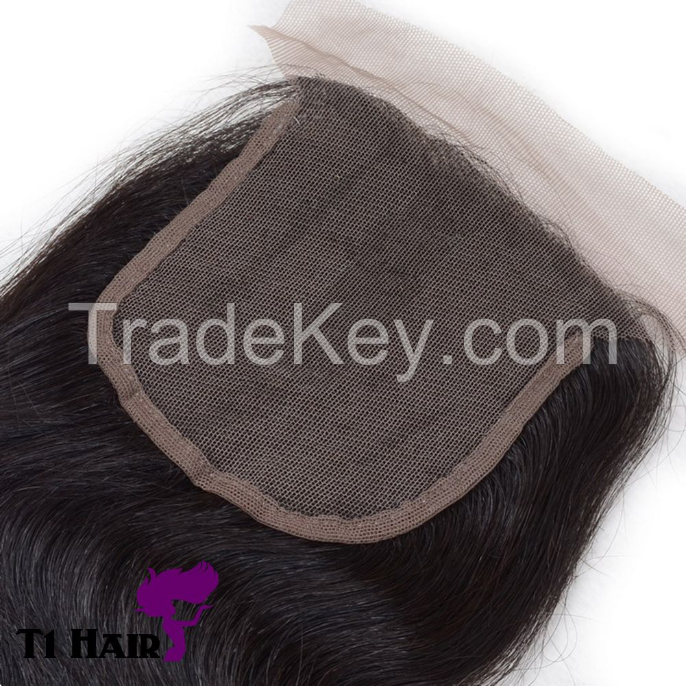 T1 Hair Grade 6A 3 Bundles Brazilian Virgin Remy Loose Wave Hair Weave Extensions with 4*4 Free Part Silk Base Lace Closure Natural Black 