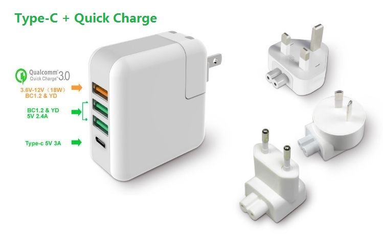 All in one USB Wall Charger Travel Charger with Type-C Charger and QC3.0 Quick Charger 